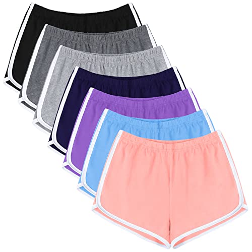 URATOT 7er-Pack Baumwolle Sport Shorts Sommer Yoga Tanzhose Atmungsaktiv Workout Laufen Shorts Delfin Shorts für Frauen, Hellblau, Lachs, Hellviolett, Marineblau, gemischte Farben, Groß von URATOT