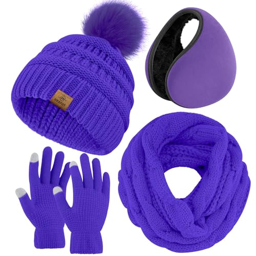 URATOT Winter-Set mit Strickschal, Pompon-Mütze, Touchscreen-Handschuhe und Ohrenwärmern, warmes Set für Damen und Herren, Veilchen, Medium von URATOT