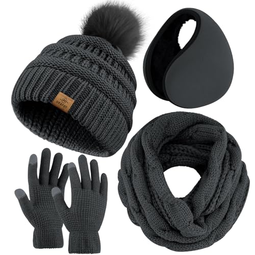 URATOT Winter-Set mit Strickschal, Pompon-Mütze, Touchscreen-Handschuhe und Ohrenwärmern, warmes Set für Damen und Herren, grau dunkel, Medium von URATOT
