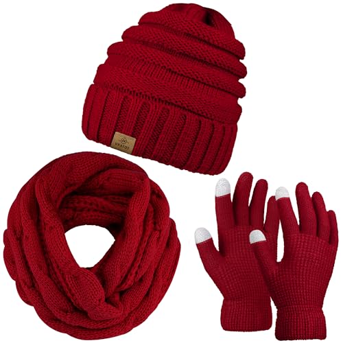 URATOT Winter Strick Warm Set Infinity Schal und Mütze Touchscreen Handschuhe für Damen und Herren, weinrot, M von URATOT