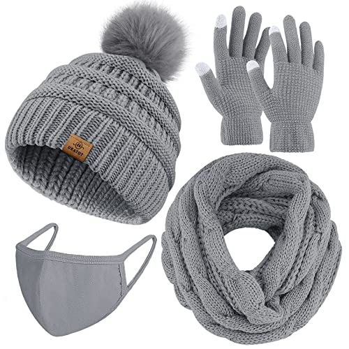 URATOT Warmes Strickset für den Winter, Beanie mit Bommel, Mütze, Schals, Wintergesichtsschutz, Touchscreen-Handschuhe, Schal-Set für Herren und Damen, Hellgrau, Medium von URATOT