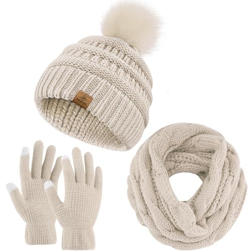 URATOT Winter Warme Stricksets Strickmütze Mütze Schal Gesichtsabdeckung Touchscreen Handschuhe Set für Männer Frauen von URATOT