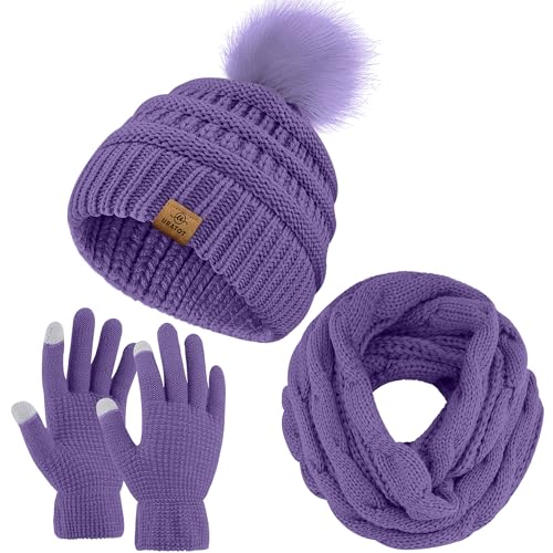 URATOT Warmes Strickset für den Winter, Beanie mit Bommel, Mütze, Schals, Wintergesichtsschutz, Touchscreen-Handschuhe, Schal-Set für Herren und Damen, Veilchen, Medium von URATOT