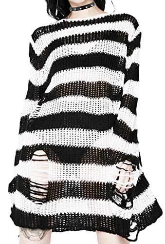 Goth Y2K Distressed Striped Sweater Ripped Punk Gothic Long Sweaters for Women Harajuku Aesthetic Halloween Pullover Tops, Weiß und Schwarz, S/L von URAWESO
