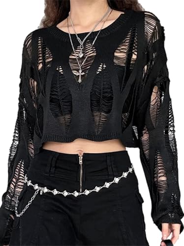URAWESO Goth Crochet Tops für Frauen aushöhlen Fischnetz Distressed Gyaru Y2k Gothic Punk Top Schwarz Strick Zerrissen Pullover, Black01, Einheitsgröße von URAWESO
