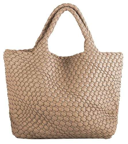 Gewebte Tasche für Frauen Große Tragetasche mit Clutch PU Leder Handgewebte Strandtasche Umhängetasche Handgemachte Casual Geldbörsen 2023, Khaki, Einheitsgröße von URAWOW