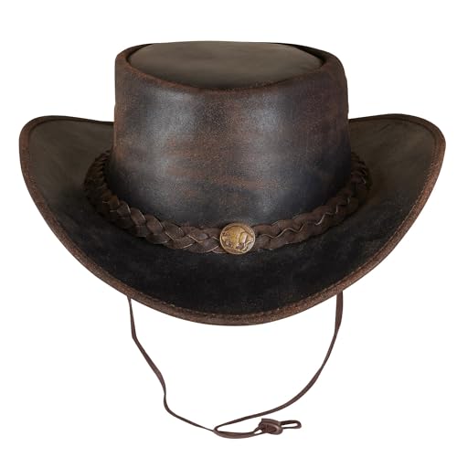 URBAN 5884 Cowboyhut aus echtem Leder, Western-Hut aus Rindsleder mit Verstellbarer Krempe und Kinnriemen - Braun, L von URBAN 5884