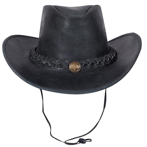 URBAN 5884 Cowboyhut aus echtem Leder, Western-Hut aus Rindsleder mit Verstellbarer Krempe und Kinnriemen - Grau, L von URBAN 5884