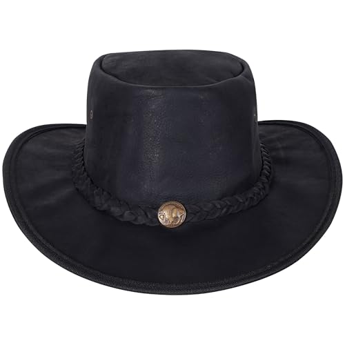 URBAN 5884 Cowboyhut aus echtem Leder, Western-Hut aus Rindsleder mit Verstellbarer Krempe und Kinnriemen - Schwarz, L von URBAN 5884