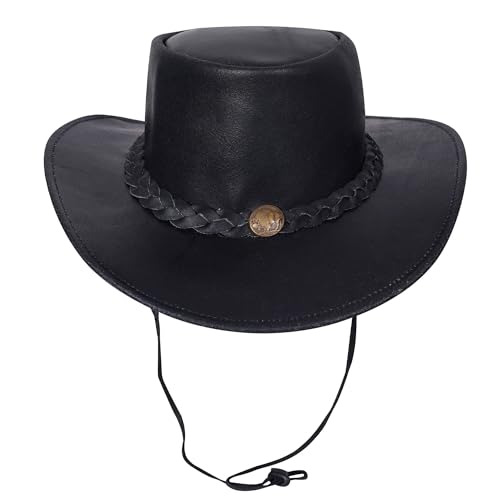 URBAN 5884 Cowboyhut aus echtem Leder, Western-Hut aus Rindsleder mit Verstellbarer Krempe und Kinnriemen - Schwarz, M von URBAN 5884