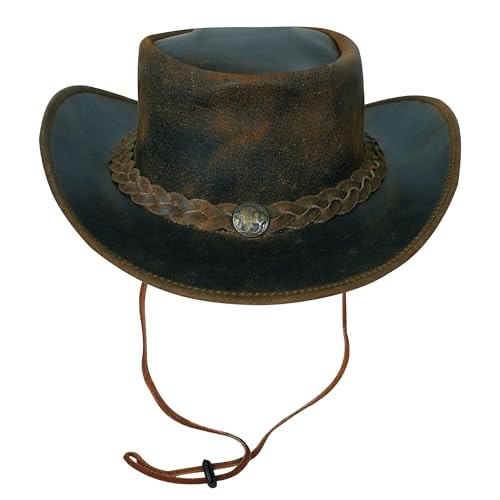 URBAN 5884 Cowboyhut aus echtem Leder, Western-Hut aus Rindsleder mit Verstellbarer Krempe und Kinnriemen - Tan, M von URBAN 5884