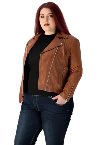 URBAN 5884 Plus Size MIKA Damen Lederjacke, Herbstjacke aus weichem und strapazierfähigem echtem Lammfell, Damenjacke im Biker-Stil für die kurvige Figur, Cognac, 44 von URBAN 5884