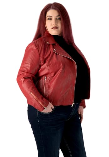 URBAN 5884 Plus Size MIKA Damen Lederjacke, Herbstjacke aus weichem und strapazierfähigem echtem Lammfell, Damenjacke im Biker-Stil für die kurvige Figur, Rot, 42 von URBAN 5884