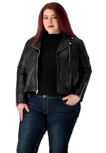 URBAN 5884 Plus Size MIKA Damen Lederjacke, Herbstjacke aus weichem und strapazierfähigem echtem Lammfell, Damenjacke im Biker-Stil für die kurvige Figur, Schwarz, 42 von URBAN 5884