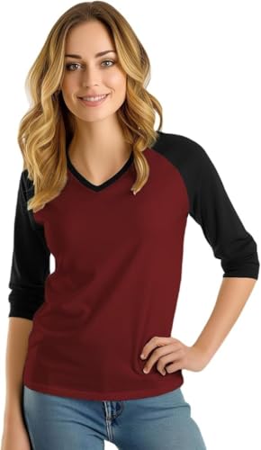 URBAN CREST Raglan-Shirts mit V-Ausschnitt für Damen – Baseball-Trikot für Damen, 3/4-Ärmel, Baseball-T-Shirt, Kastanienbraun & Schwarz – Damen Raglan mit V-Ausschnitt, Groß von URBAN CREST