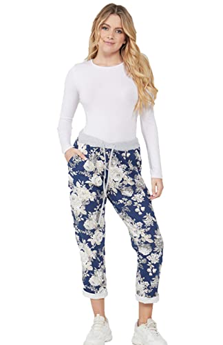 Crazy Fashion Urban Fashion Women’s Ladies Denim Joggers Star Printed Sweatpants Floral Ribbed Waistband Trousers Ladies Summer Italian Gym Running Pants Plus Size 8-26 (22,Navy White Grey Floral) von Crazy Fashion