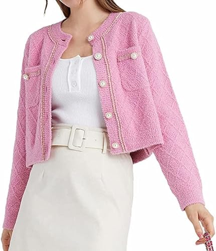 URBAN REVIVO Damen Casual Cardigans Open Front Chunky Short Cardigan Pearl Button Long Sleeve Cropped Sweater Outwear, Rot-Pink, Medium von URBAN REVIVO