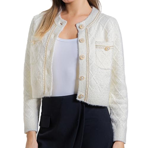 URBAN REVIVO Damen Casual Cardigans Open Front Chunky Short Cardigan Pearl Button Long Sleeve Cropped Sweater Outwear, Weiß mit Rautenmuster, Medium von URBAN REVIVO