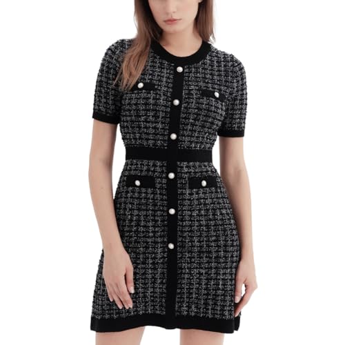 URBAN REVIVO Damen Kurzarm Tweed Strickpullover Kleid Perlenknopf Minikleider für Frühling Sommer Herbst, Schwarz-Style-1, XX-Large von URBAN REVIVO
