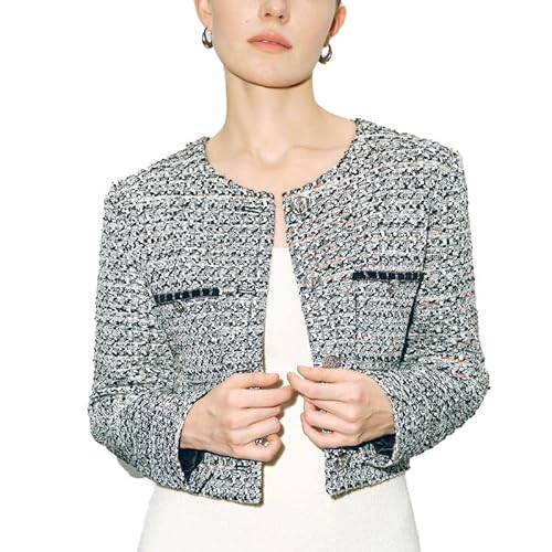 URBAN REVIVO Damen Langarm Cropped Tweed Jacke mit Tasche Knopf Slim Fit Arbeit Büro Kurz Tweed Blazer, Schwarz, L von URBAN REVIVO