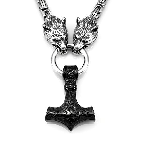 Massive Edelstahl Halskette Thor's Hammer mit Fenris Wolf - Silber/Schwarz 50 cm von URBANTIMBER