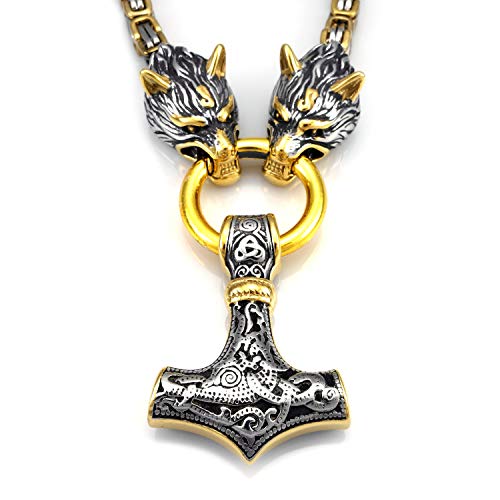URBANTIMBER Massive Edelstahl Halskette Thor's Hammer mit Fenris Wolf von URBANTIMBER