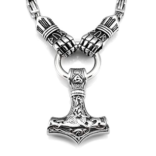 URBANTIMBER Massive Edelstahl Wikinger Halskette Thor's Hammer mit Panzerhandschuhen und Runen - Silber von URBANTIMBER