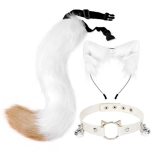 3 teiliges Plüsch Katzenohren Fuchsschwanz Cosplay Set,Fuchs Ohre Stirnband Glöckchen Halskette Katze Ohr Stirnband Haarband,Katzenohren Haarreif Halloween Kostüm Zubehör für Frauen Mädchen,Weiß Kamel von URFEDA