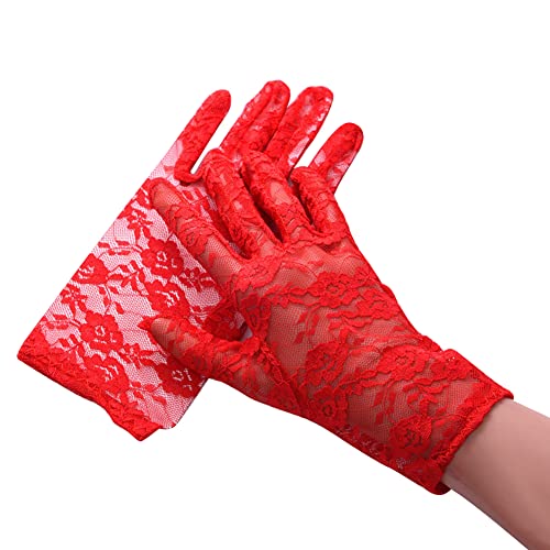 Damen Spitze Elegant Kurze Handschuhe Rot Sommer Spitze Fahrradhandschuhe Netzhandschuhe Vintage Abendhandschuhe Frauen Brauthandschuh Hochzeit Abend Party Sexy Handschuhe Damen Kostüm Accessoires von URFEDA