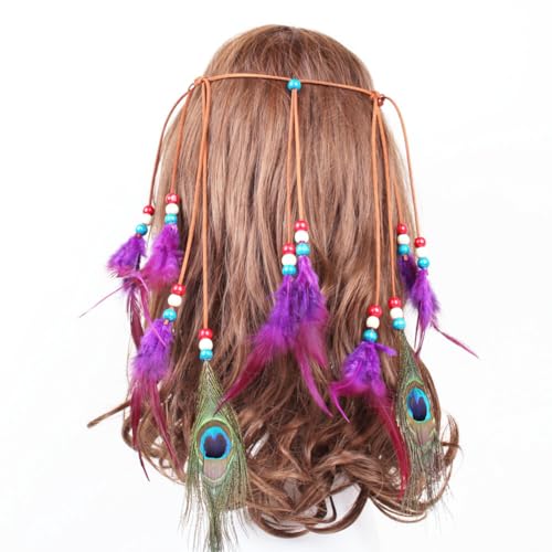 Indisches Feder Stirnband, Böhmische Pfau Feder Kopfschmuck Boho Hippie Stirnband,Tribal-Kopfschmuck, Perlen, Festival, Party, Federschmuck Böhmische Kopfbedeckung, Haar-Accessoire für Frauen Mädchen von URFEDA