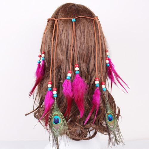 Indisches Feder Stirnband, Böhmische Pfau Feder Kopfschmuck Boho Hippie Stirnband,Tribal-Kopfschmuck, Perlen, Festival, Party, Federschmuck Böhmische Kopfbedeckung, Haar-Accessoire für Frauen Mädchen von URFEDA