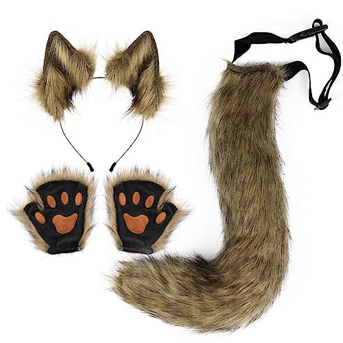Kunstpelz Wolf Fuchs Kostüm Schwanz,Katzenohren Haarreif,Fuchsohren Stirnband,Anime Katze Cosplay Kostüm,Plüsch Haarreifen für Kinder Damen, Fuchs Schwanz und Ohren Damen Halloween Fasching Karneval von URFEDA
