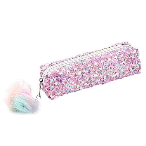 Mäppchen Glitzer Pailletten Federmäppchen Mädchen Teenager Stiftemappe Klein Tragbare Schreibwaren-Tasche Stiftetasche Pencil Case mit Plüsch Ball Damen Kosmetiktasche für Frauen Bleistifttasche von URFEDA