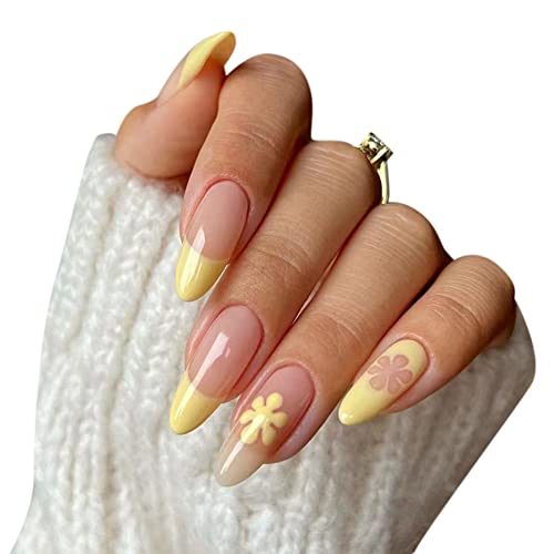 URFEDA 24 Stück Press on Nails Kurz Französische Falsche Nägel Gelb Blumen Ballerina Künstliche Nägel mit Nagelkleber Acryl Vollabdeckung Fake Nägel Drücken Sie auf die Nägel für Frauen und Mädchen von URFEDA