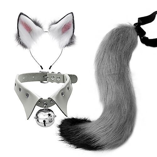 URFEDA 3 teiliges Plüsch Katzenohren Katzenschwanz Cosplay Set,Fuchs Ohre Stirnband Haarband Glöckchen Halskette,Katzenohren Haarreif Halloween Kostüm Zubehör für Frauen Mädchen,Braun,Grau von URFEDA