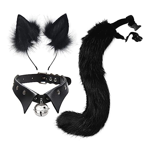 URFEDA 3 teiliges Plüsch Katzenohren Katzenschwanz Cosplay Set,Fuchs Ohre Stirnband Haarband Glöckchen Halskette,Katzenohren Haarreif Halloween Kostüm Zubehör für Frauen Mädchen,Braun,Schwarz von URFEDA
