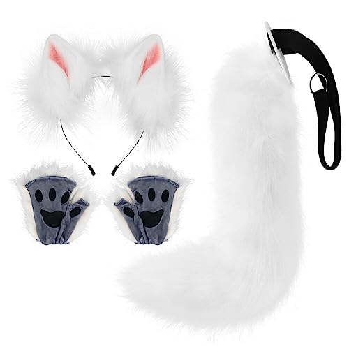 URFEDA 3 teiliges Plüsch Katzenohren Katzenschwanz Cosplay Set,Fuchs Ohre Stirnband Haarband Pfoten Handschuhe,Katzenohren Haarreif Halloween Kostüm Zubehör für Frauen Mädchen von URFEDA