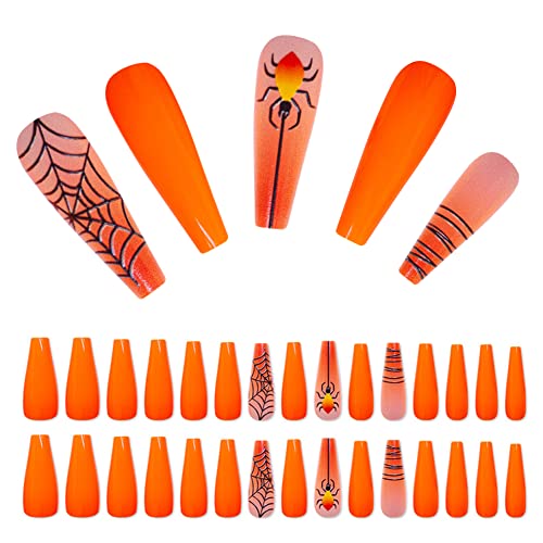 URFEDA 30 Stück Halloween Künstliche Fingernägel, Orange Lang zum Aufkleben Ballerina Künstliche Nägel, Halloween Kürbisse Spinne Fledermaus Falsche fingernägel DIY Nagelspitzen Damen Nägel Tips von URFEDA