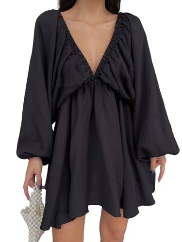 URFEDA Damen Pendler V-Ausschnitt Kleid 2024 Puffärmel Robe Farbiger Plissierter Rüschenrock für den täglichen Chic von URFEDA