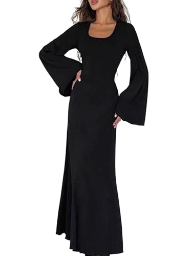 URFEDA Frauenkleid Quadratischer Ausschnitt Glockenärmel Kleid Lockerer Bund U-Ausschnitt Rückenriemen Langes Freizeitkleid von Frühling bis Winter von URFEDA