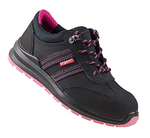 Urgent 214 S1 Arbeitsschuhe professionelle Sicherheitsschuhe Damen Schuhe Metallkappe Nubukleder antielektrostatisch geschnürtes rutschfest SRA PU/PU atmungsaktiv EN20345 Schwarze-rosa (Numeric_41) von URG