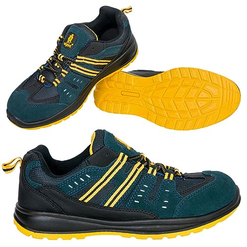 Urgent 241 OB Arbeitsschuhe professionelle Herren Sicherheitsschuhe Damen Wildleder Leder Schnürung leichte atmungsaktive ölbeständig rutschfestes SRC Sportschuhe EN-20347 grün-gelbe; (Numeric_43) von URG