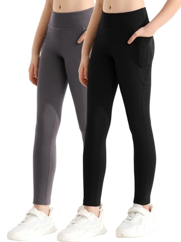 Mädchen Athletische Leggings Mit Taschen - Sport Leggings in Voller Länge, Yoga Workout Aktive Hosen für Teenager (2er-Pack, Schwarz/Grau) von URMAGIC