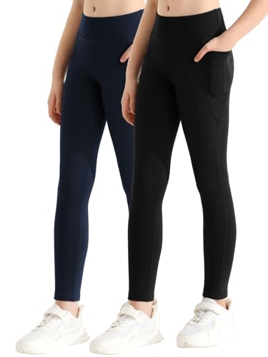 Mädchen Athletische Leggings mit Taschen Mädchen Sport Leggings in voller Länge Yoga Workout Aktive Leggings Hosen für Teenager Mädchen (2er-Pack, schwarz/blau) von URMAGIC