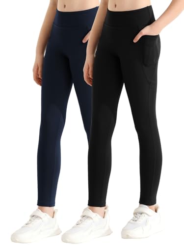 Mädchen Athletische Leggings Mit Taschen - Sport Leggings in Voller Länge, Yoga Workout Aktive Hosen für Teenager (2er-Pack, Schwarz/Blau) von URMAGIC