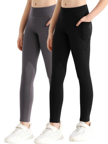 Mädchen Athletische Leggings mit Taschen Mädchen Sport Leggings in voller Länge Yoga Workout Aktive Leggings Hosen für Teenager Mädchen (2er-Pack, schwarz/grau) von URMAGIC