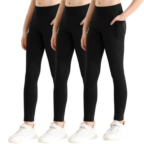 Mädchen Athletische Leggings mit Taschen Mädchen Sport Leggings in voller Länge Yoga Workout Aktive Leggings Hosen für Teenager Mädchen (3er-Pack, schwarz) von URMAGIC