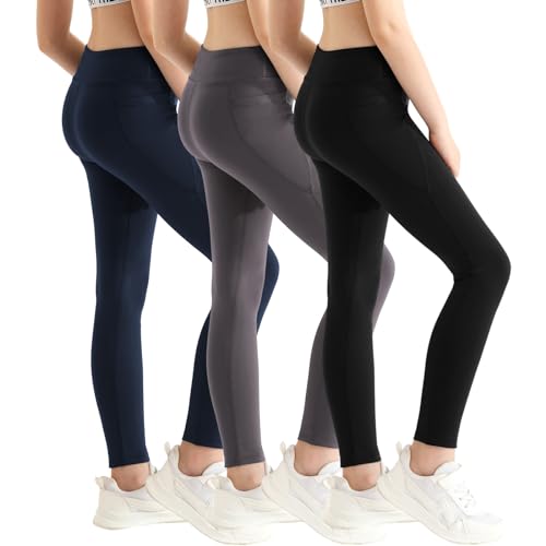 Mädchen Athletische Leggings mit Taschen Mädchen Sport Leggings in voller Länge Yoga Workout Aktive Leggings Hosen für Teenager Mädchen (3er-Pack, schwarz/blau/grau) von URMAGIC