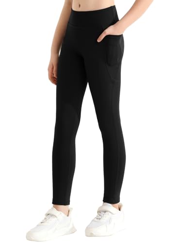 Mädchen Athletische Leggings mit Taschen Mädchen Sport Leggings in voller Länge Yoga Workout Aktive Leggings Hosen für Teenager Mädchen (Packung mit 1, schwarz) von URMAGIC