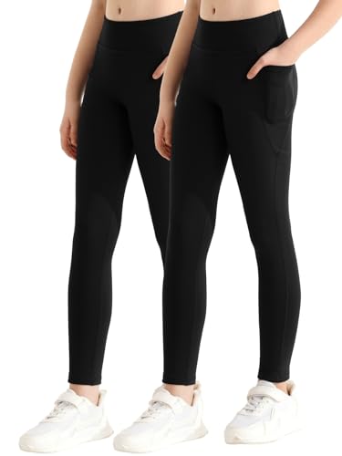 Mädchen Athletische Sport Leggings Mit Taschen - Volle Länge Yoga Workout Aktive Hosen für Teenager (2er-Pack, Schwarz) von URMAGIC
